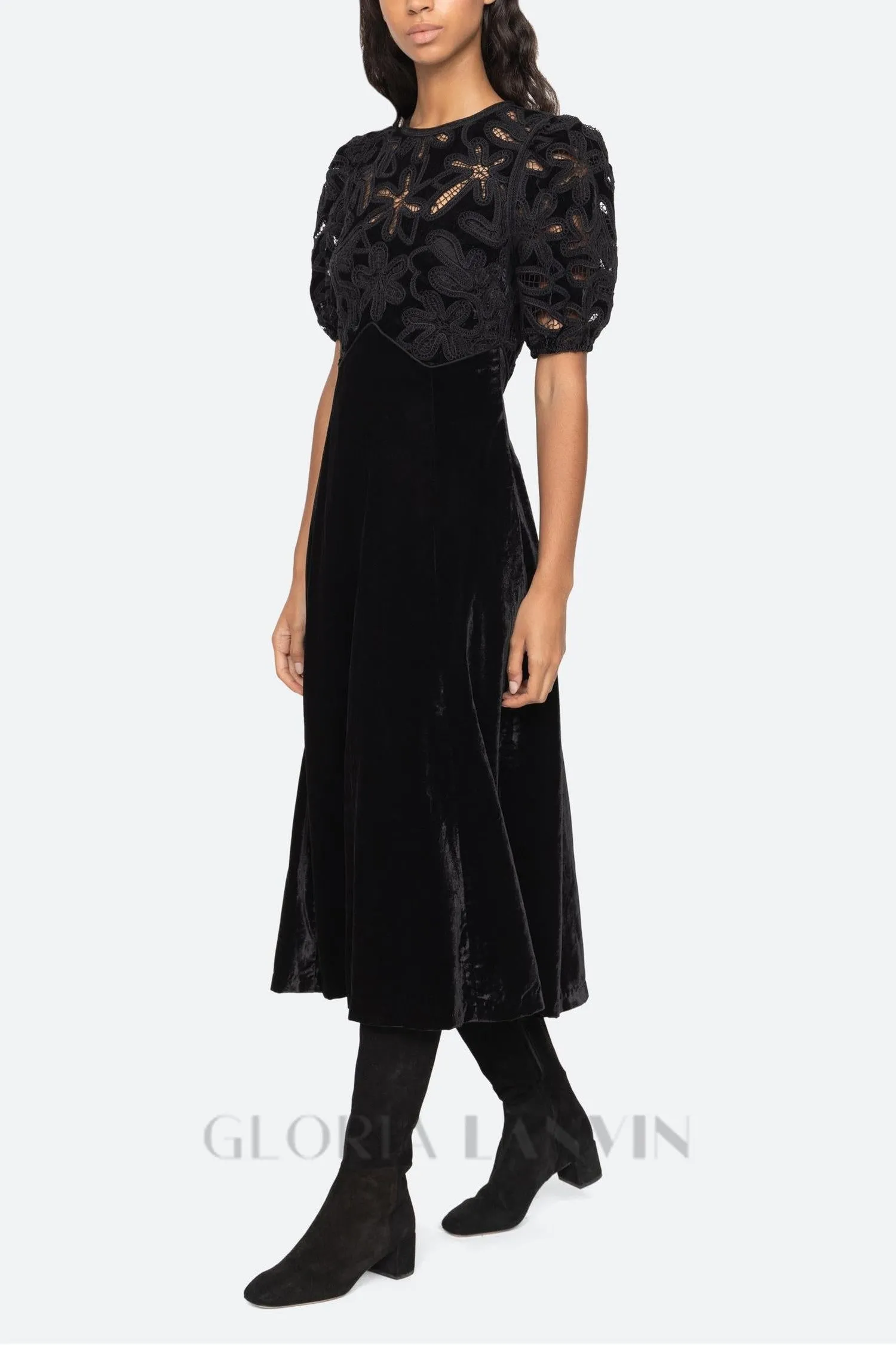 Velvet Puff Sleeve Embroidered Midi Dress in black Gloria Lanvin