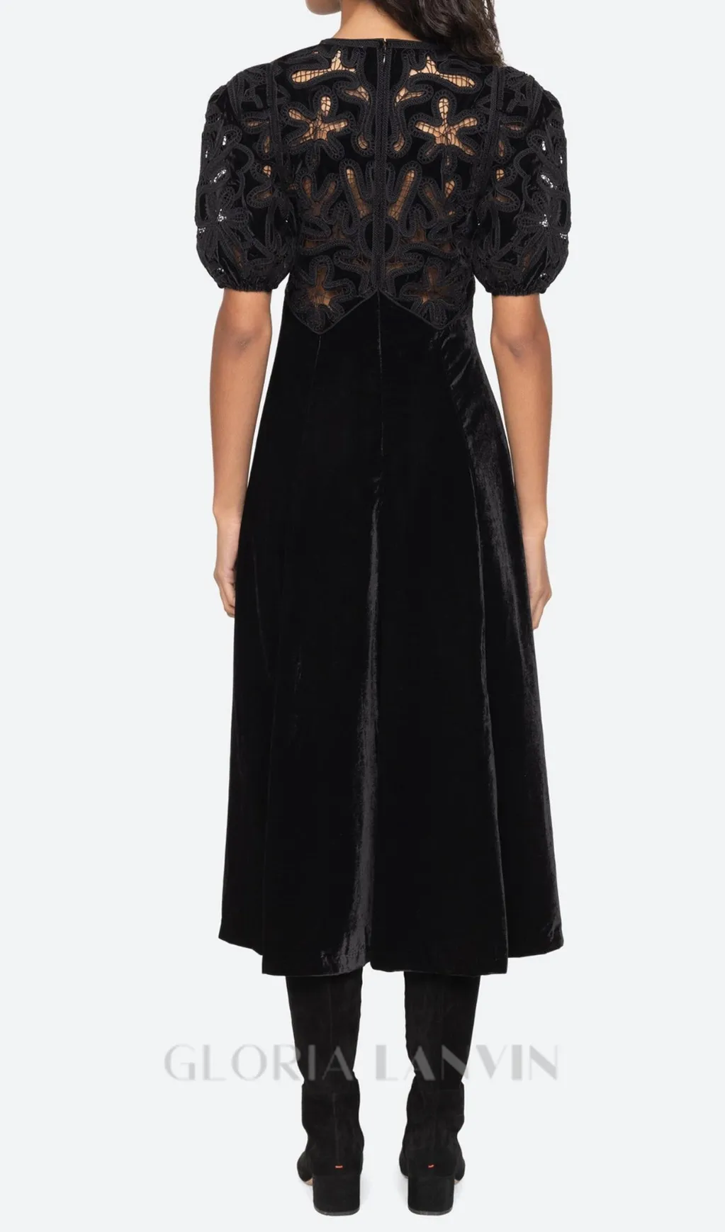 Velvet Puff Sleeve Embroidered Midi Dress in black Gloria Lanvin