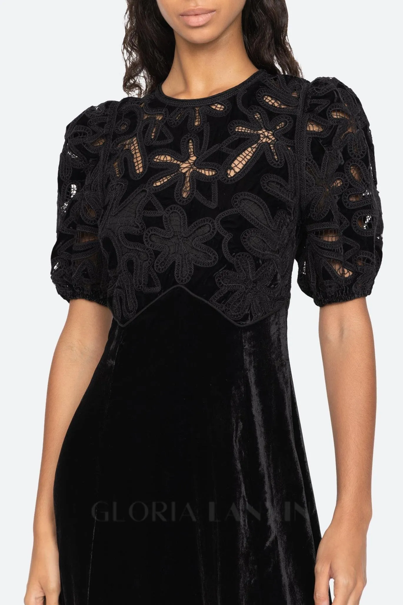 Velvet Puff Sleeve Embroidered Midi Dress in black Gloria Lanvin