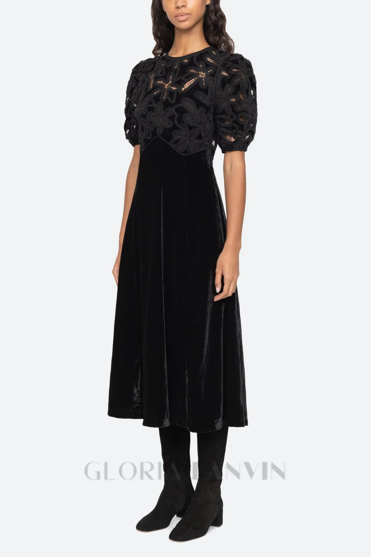 Velvet Puff Sleeve Embroidered Midi Dress in black Gloria Lanvin