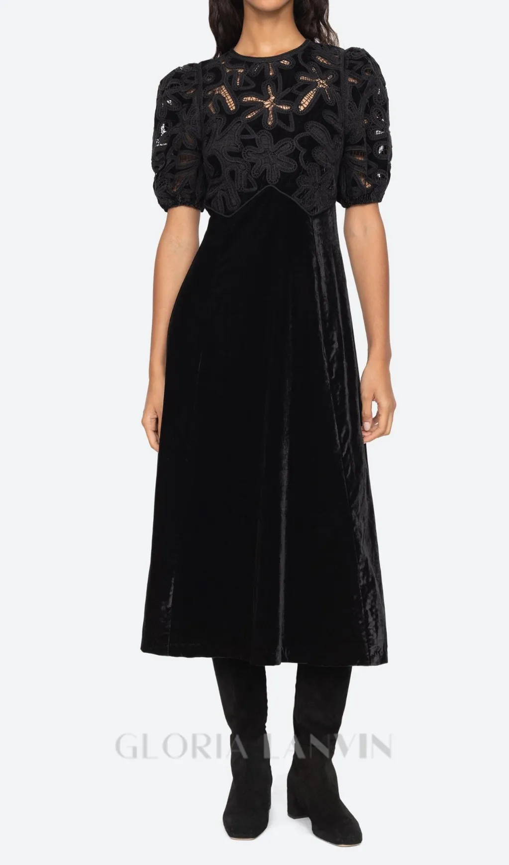 Velvet Puff Sleeve Embroidered Midi Dress in black Gloria Lanvin
