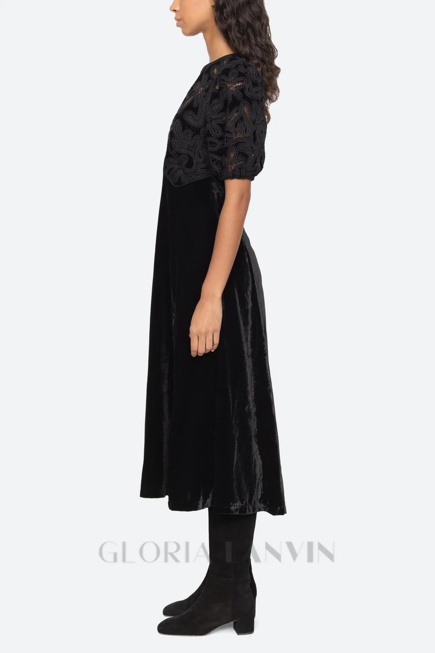 Velvet Puff Sleeve Embroidered Midi Dress in black Gloria Lanvin