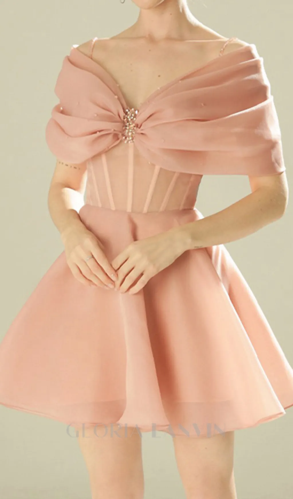 VENUS PINK OFF-SHOULDER MESH PANEL A-LINE MINI  DRESS Gloria Lanvin