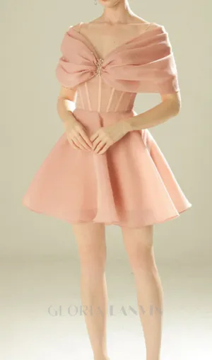VENUS PINK OFF-SHOULDER MESH PANEL A-LINE MINI  DRESS Gloria Lanvin