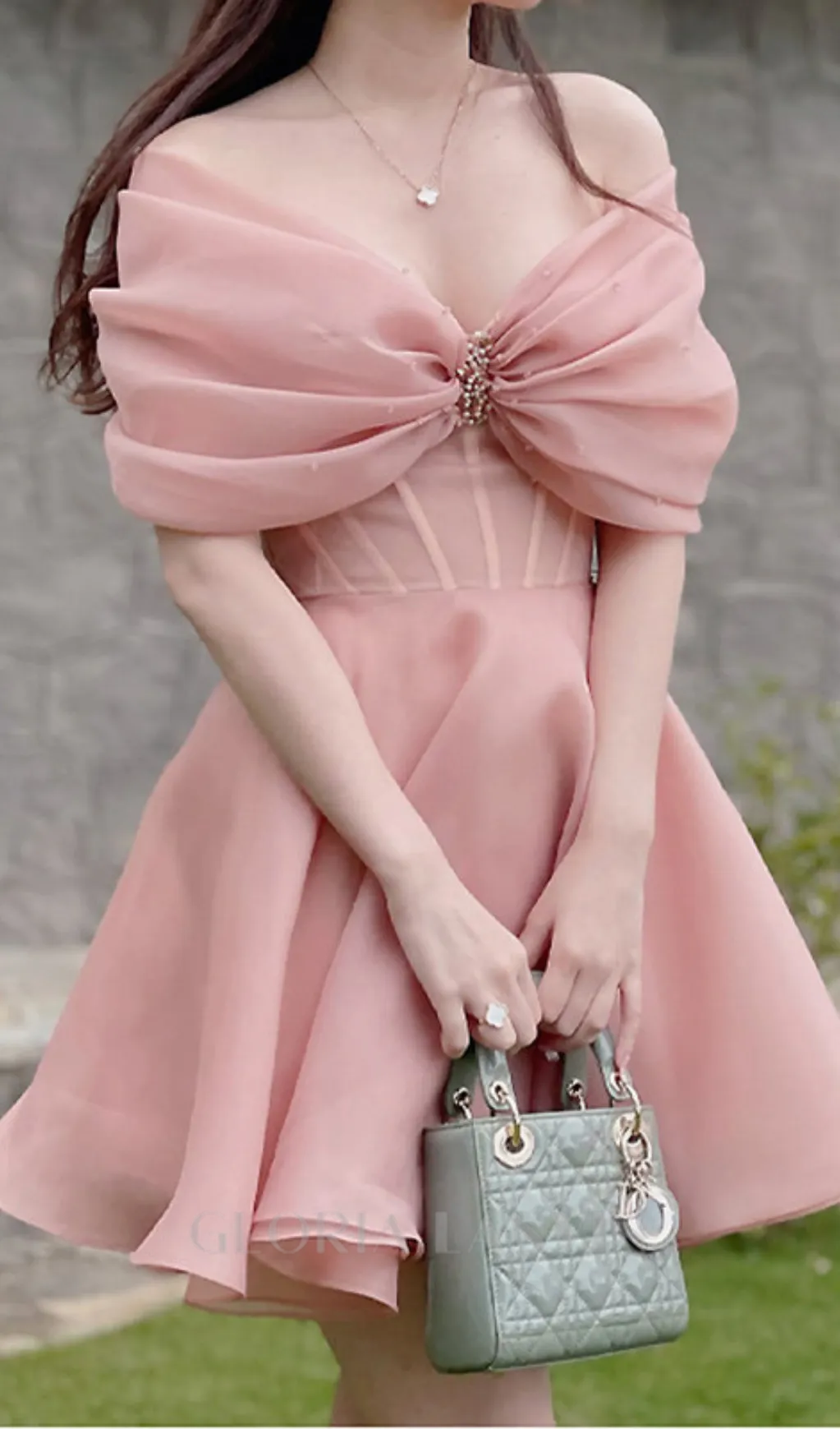 VENUS PINK OFF-SHOULDER MESH PANEL A-LINE MINI  DRESS Gloria Lanvin