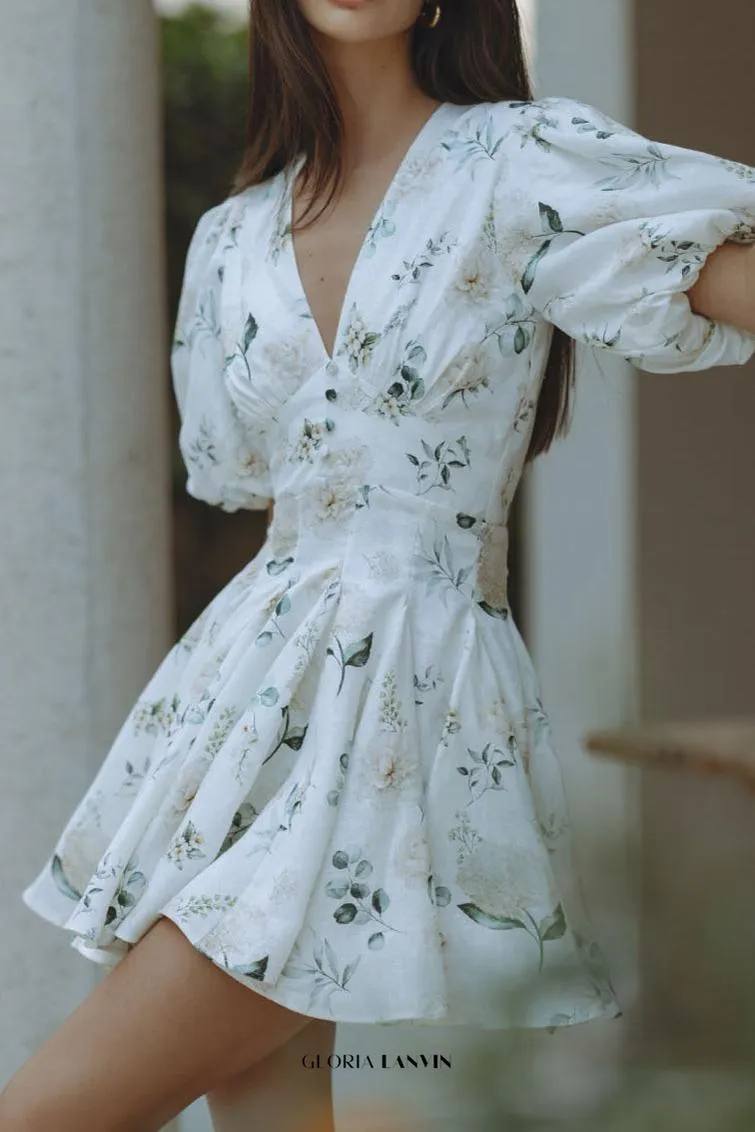 venus v-neck floral print puff sleeve mini dress Gloria Lanvin