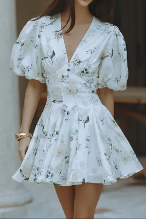 venus v-neck floral print puff sleeve mini dress Gloria Lanvin