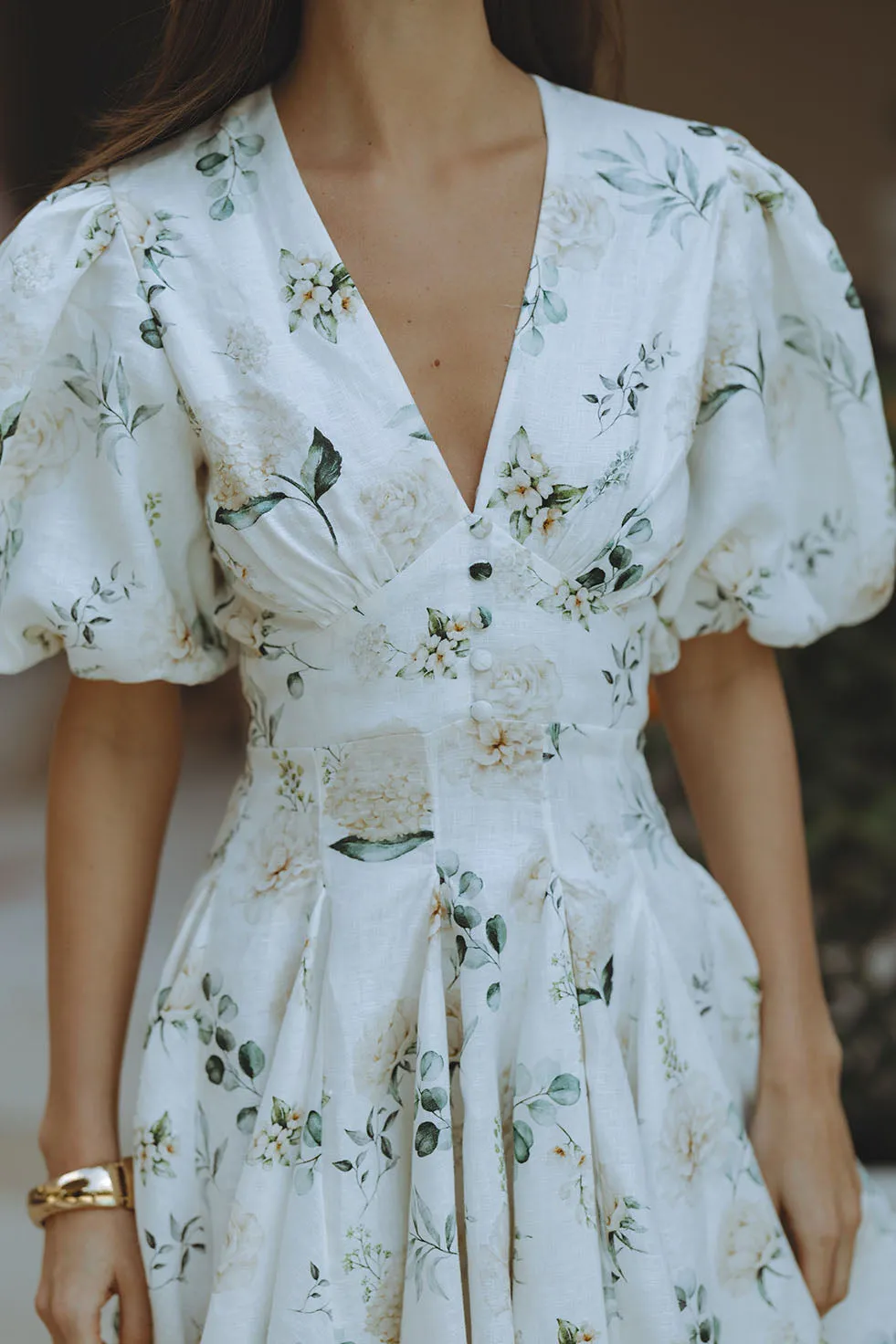 venus v-neck floral print puff sleeve mini dress Gloria Lanvin