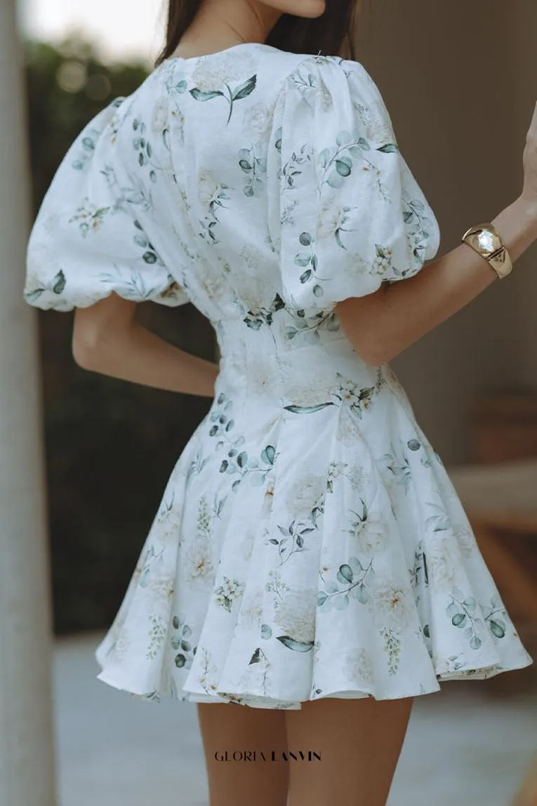 venus v-neck floral print puff sleeve mini dress Gloria Lanvin