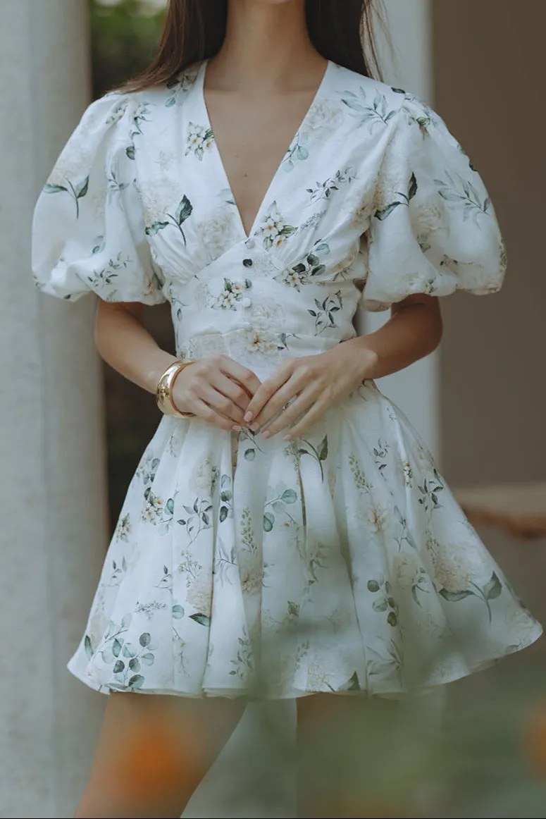 venus v-neck floral print puff sleeve mini dress Gloria Lanvin