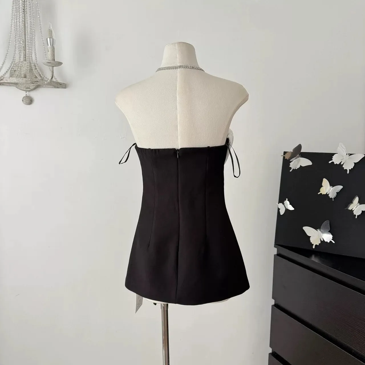 verna flower embellished strapless mini dress in black Gloria Lanvin