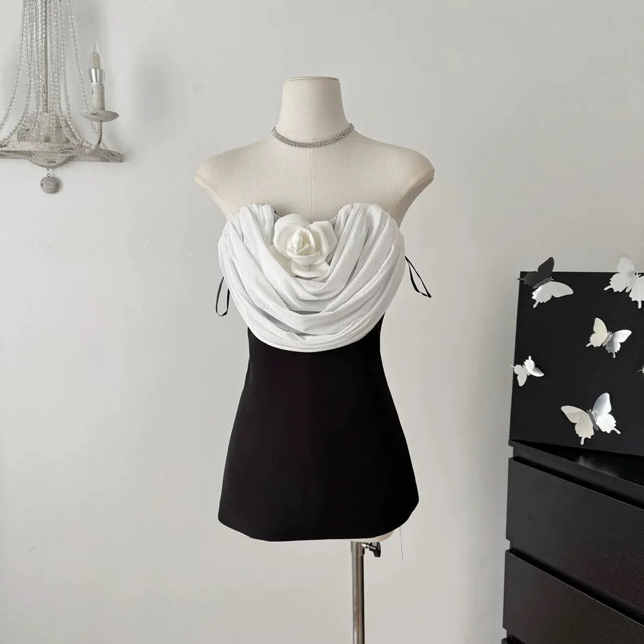 verna flower embellished strapless mini dress in black Gloria Lanvin