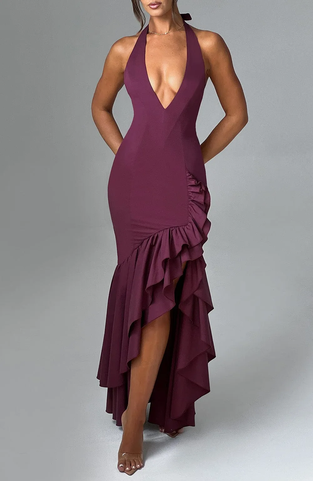Veronique ruffle hem Maxi Dress in Cherry Lacquer Gloria Lanvin