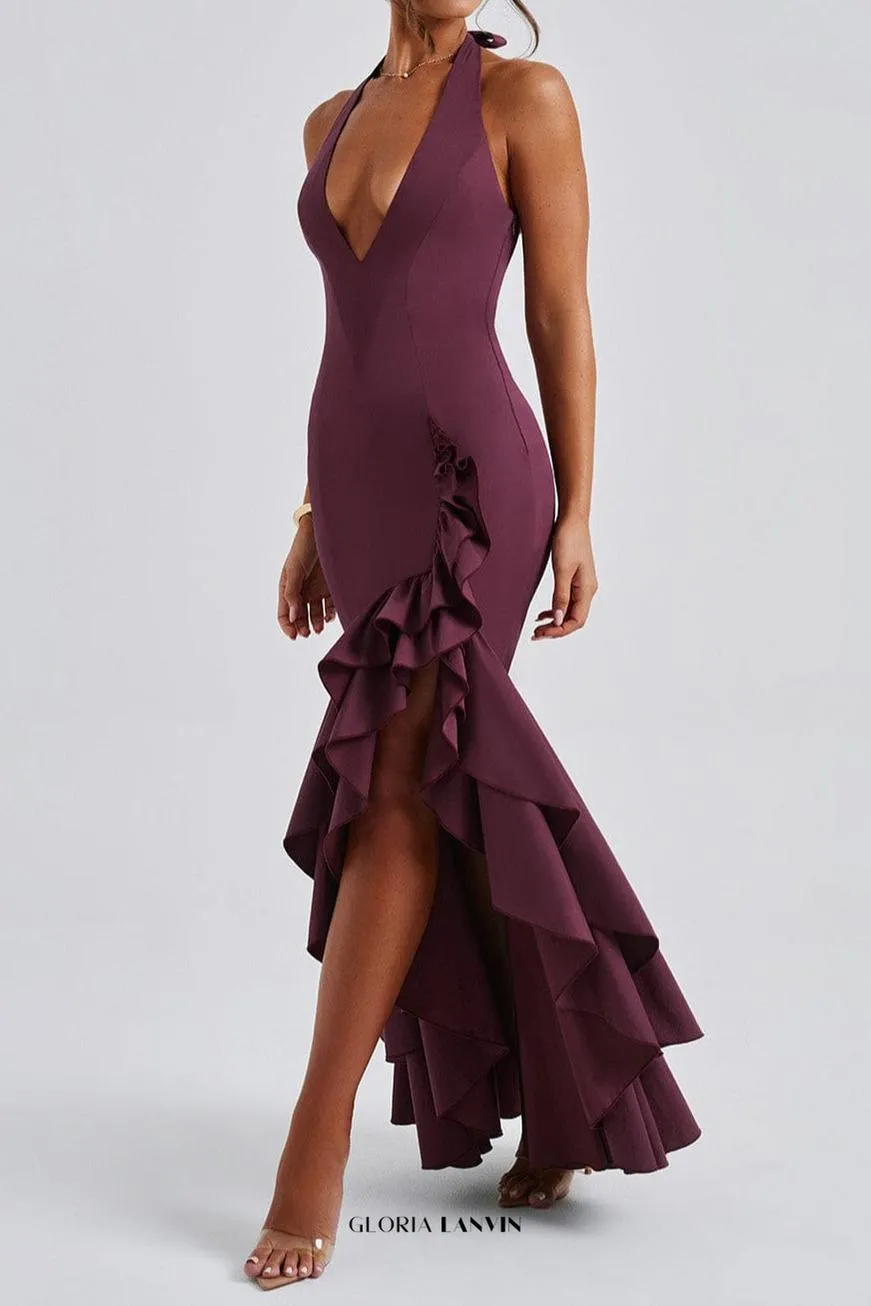 Veronique ruffle hem Maxi Dress in Cherry Lacquer Gloria Lanvin
