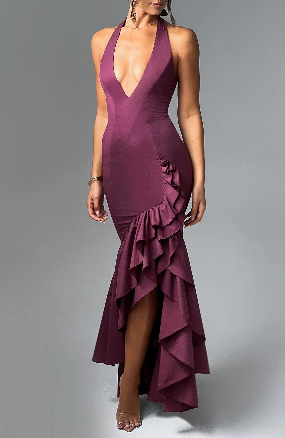 Veronique ruffle hem Maxi Dress in Cherry Lacquer Gloria Lanvin