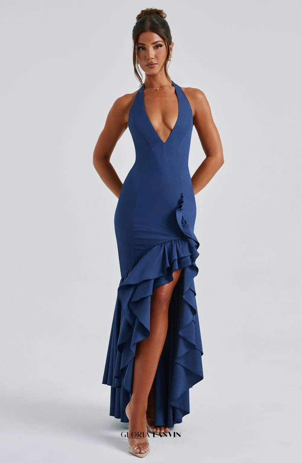 Veronique ruffle hem Maxi Dress in Navy Gloria Lanvin