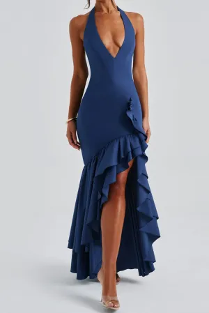 Veronique ruffle hem Maxi Dress in Navy Gloria Lanvin