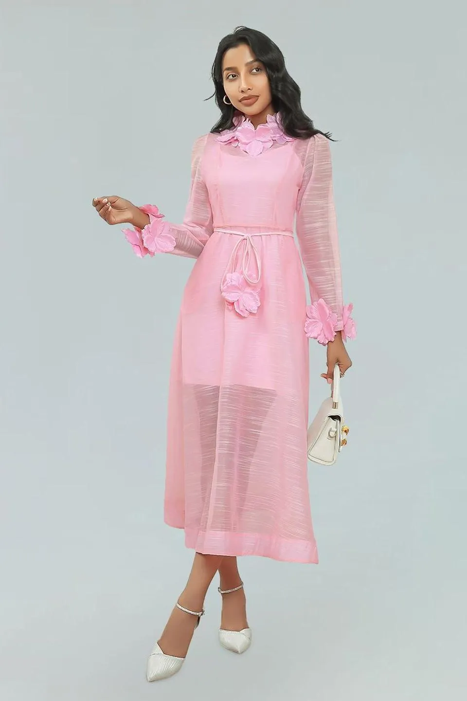 vicky flower embellished lace midi dress in pink Gloria Lanvin