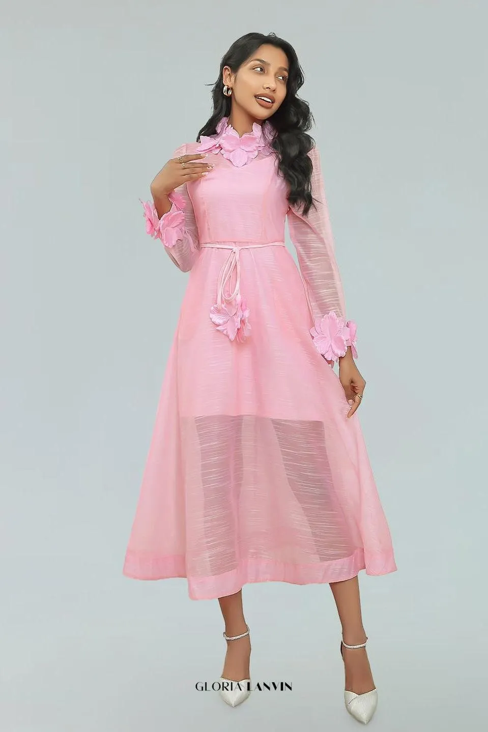 vicky flower embellished lace midi dress in pink Gloria Lanvin