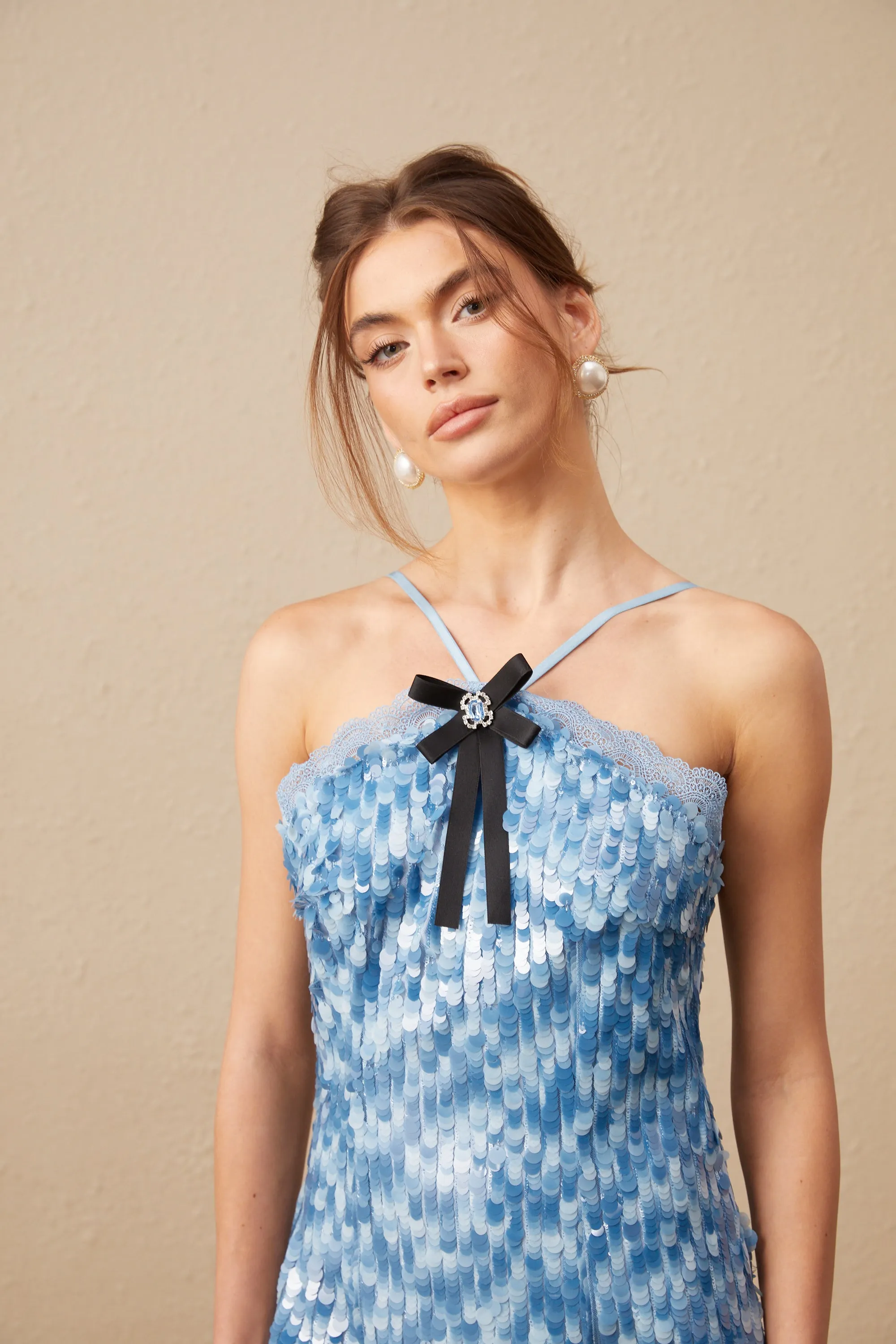 Victoire blue halterneck sequined mini dress Gloria Lanvin