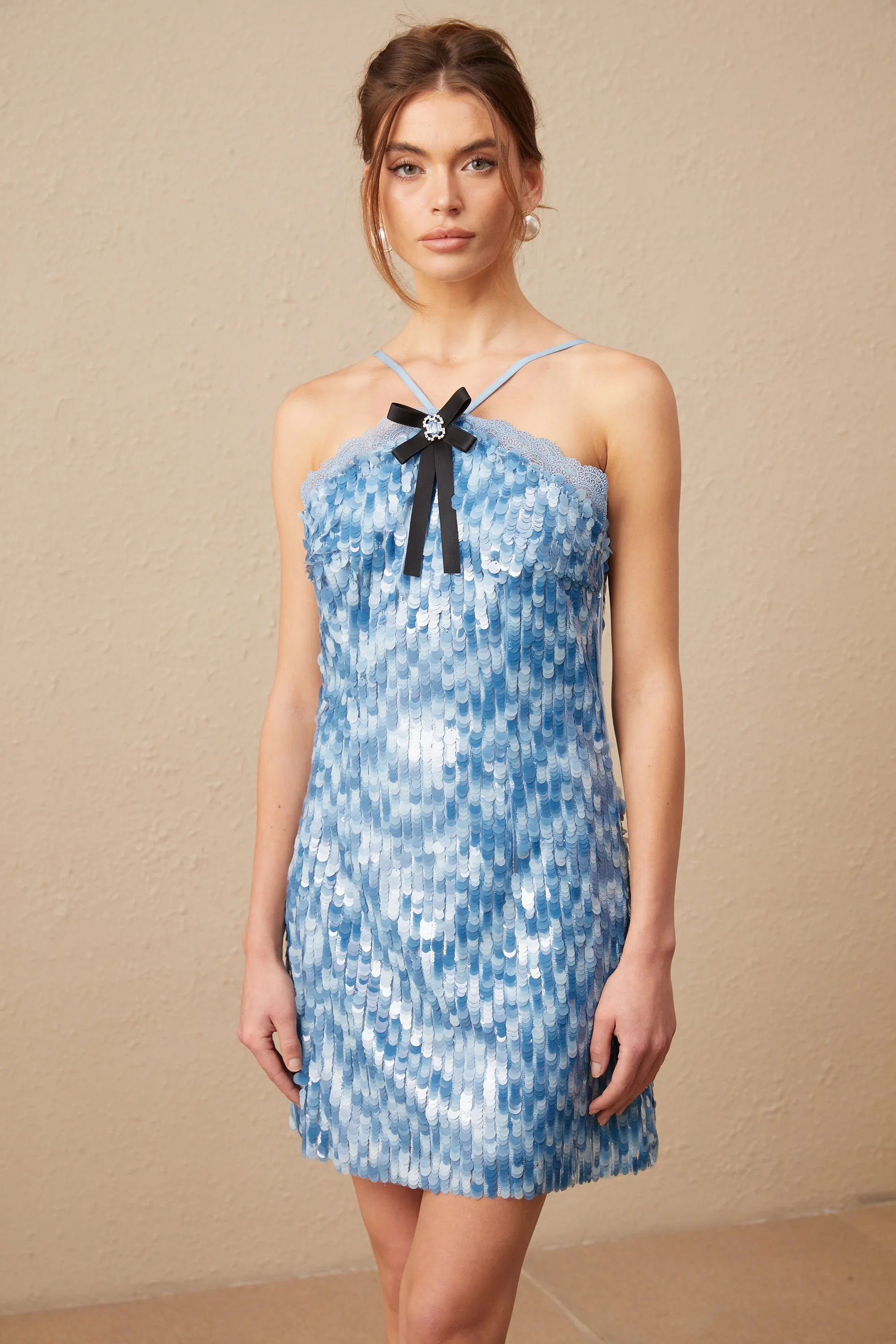 Victoire blue halterneck sequined mini dress Gloria Lanvin