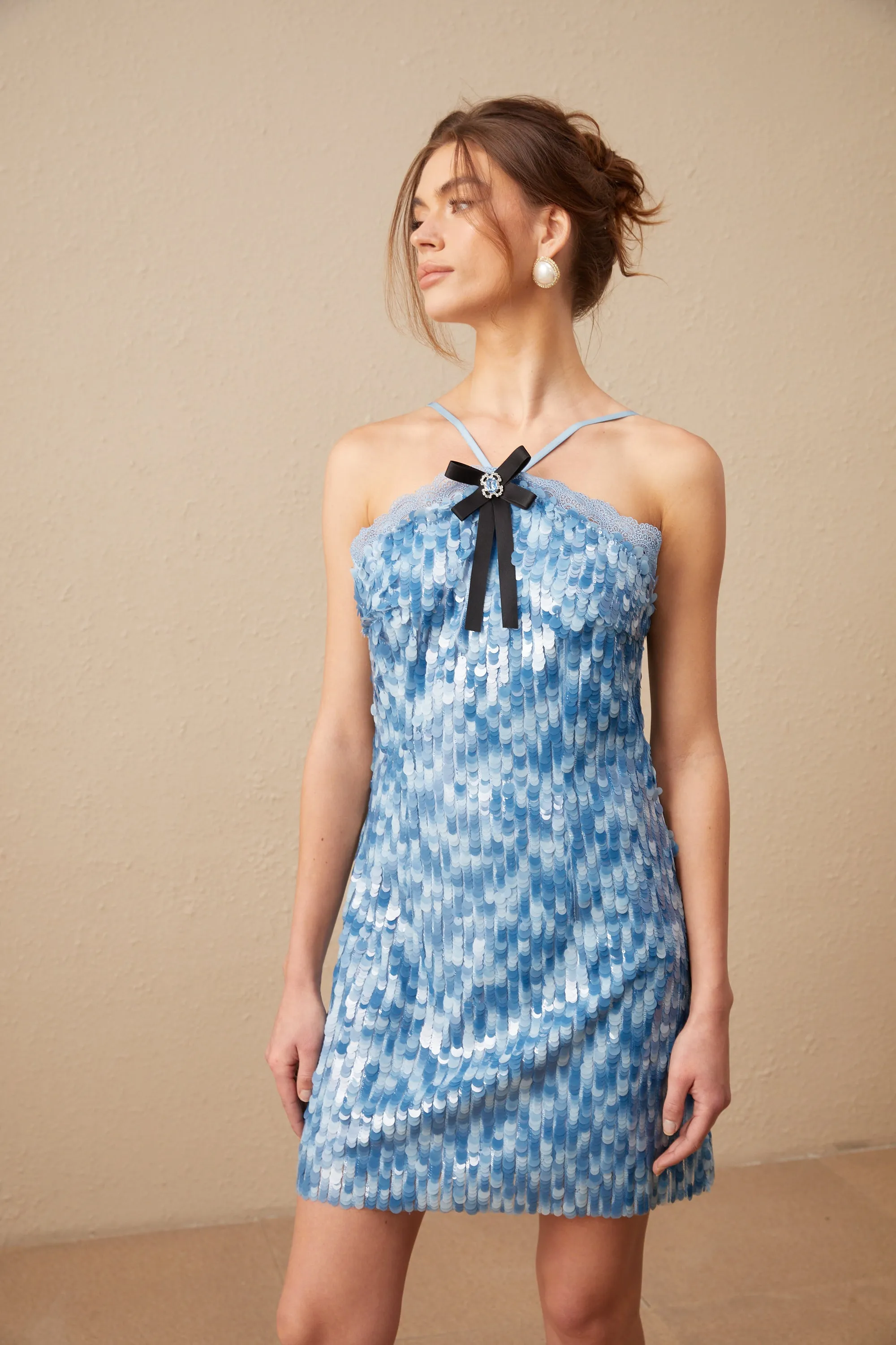 Victoire blue halterneck sequined mini dress Gloria Lanvin