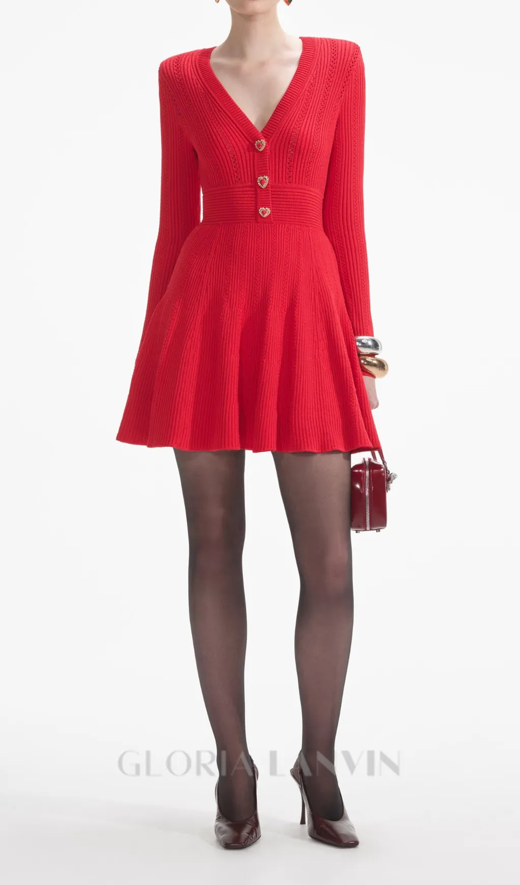 VICTORIA POINTELLE KNIT MINI DRESS IN RED Gloria Lanvin
