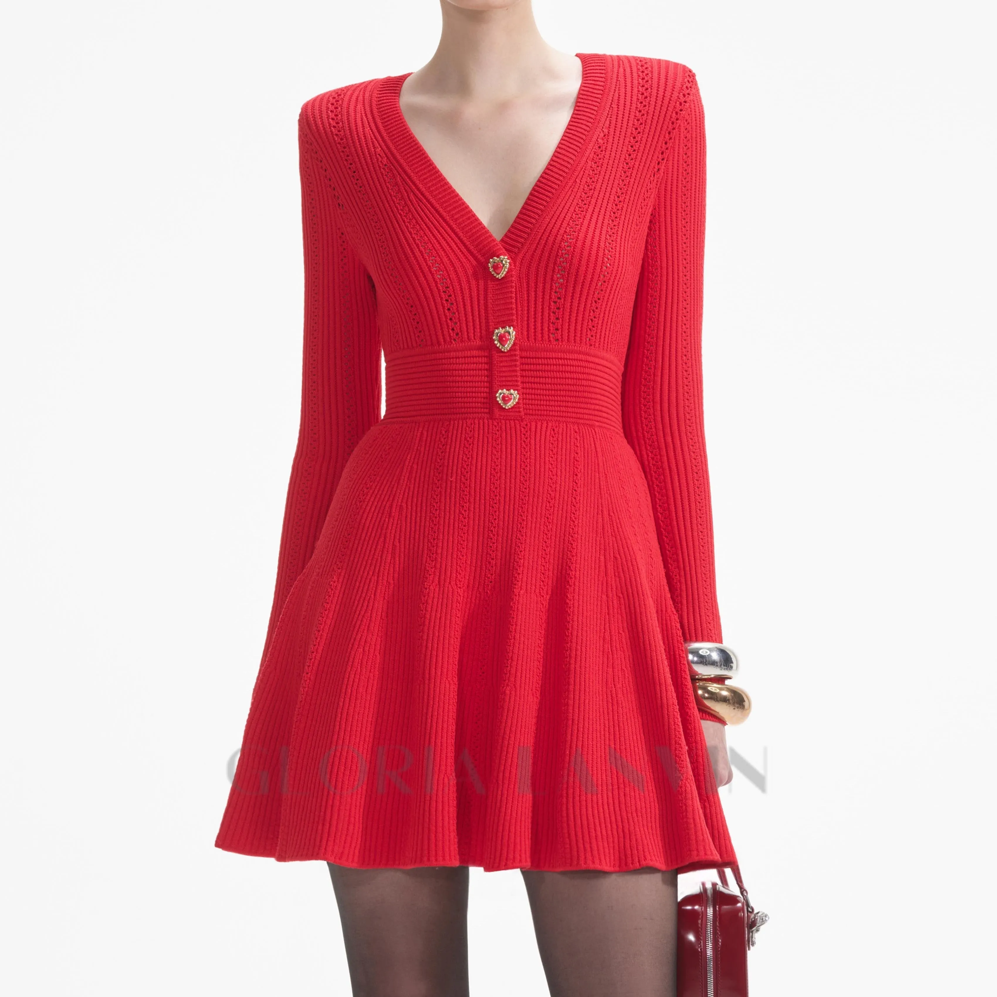 VICTORIA POINTELLE KNIT MINI DRESS IN RED Gloria Lanvin