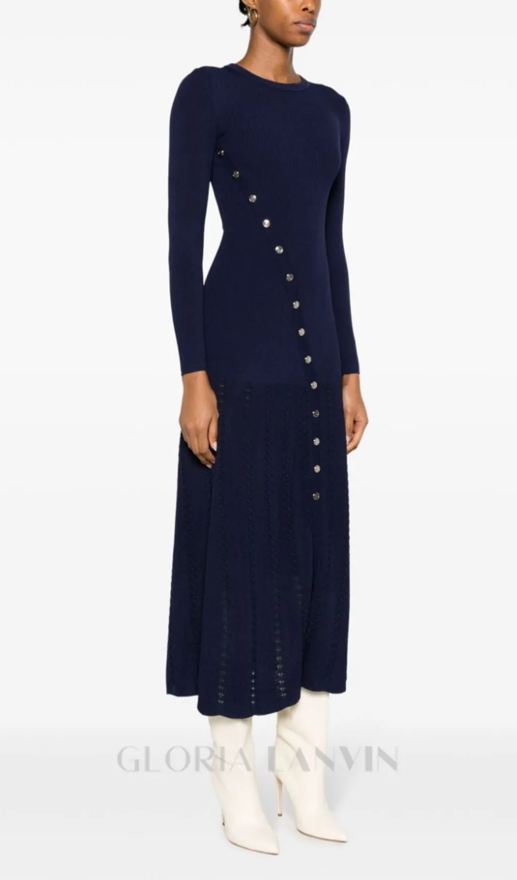 VIOLA RIBBED-KNIT MIDI DRESS IN NAVY BLUE Gloria Lanvin
