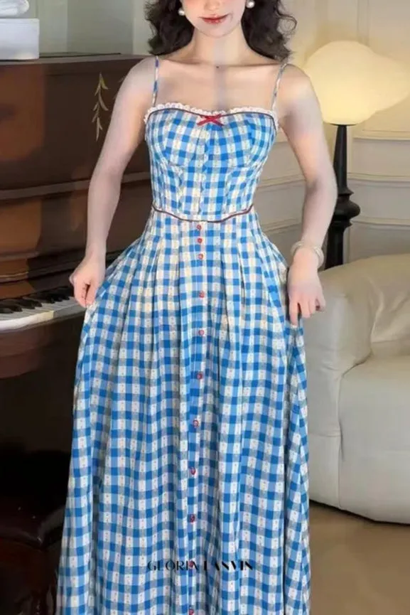 virginia plaid strap maxi dress in blue Gloria Lanvin