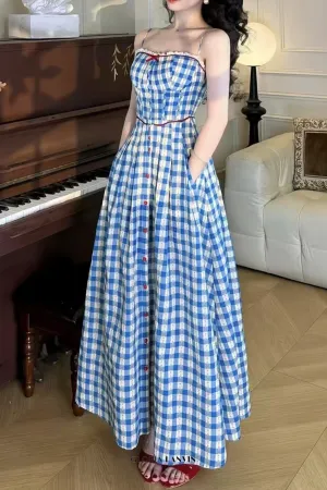 virginia plaid strap maxi dress in blue Gloria Lanvin