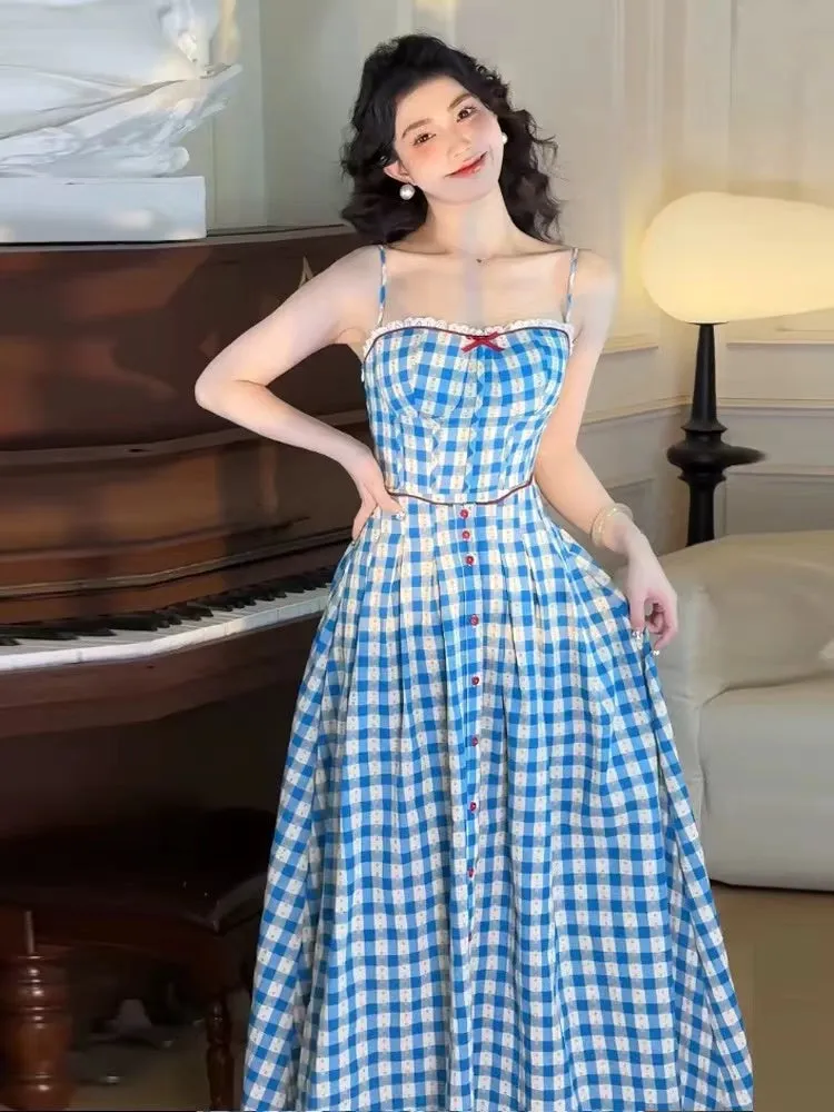 virginia plaid strap maxi dress in blue Gloria Lanvin
