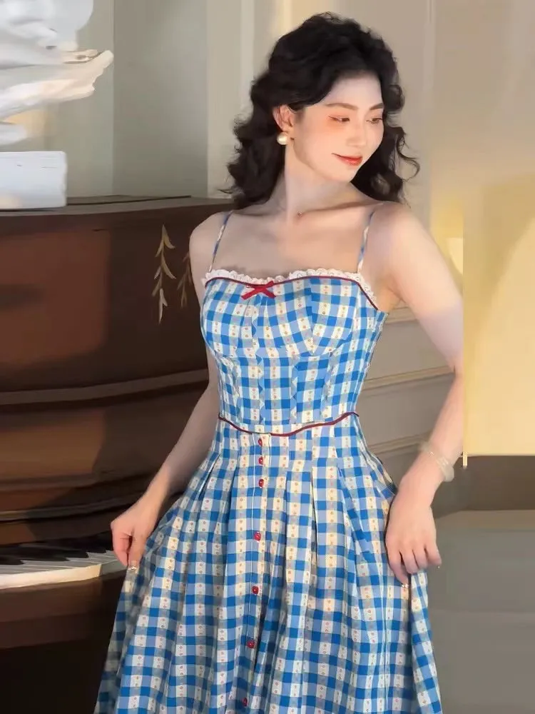 virginia plaid strap maxi dress in blue Gloria Lanvin