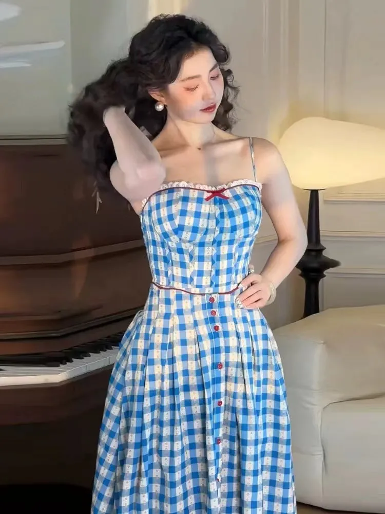 virginia plaid strap maxi dress in blue Gloria Lanvin