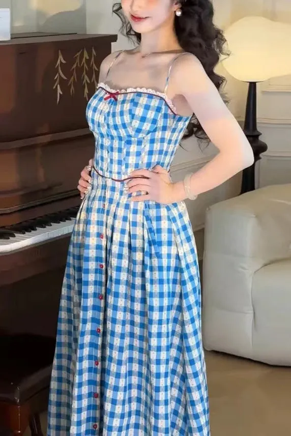 virginia plaid strap maxi dress in blue Gloria Lanvin