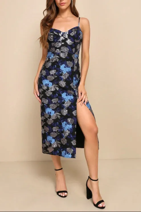 Vivid Beauty Black Floral Jacquard Sleeveless Bustier Midi Dress Gloria Lanvin