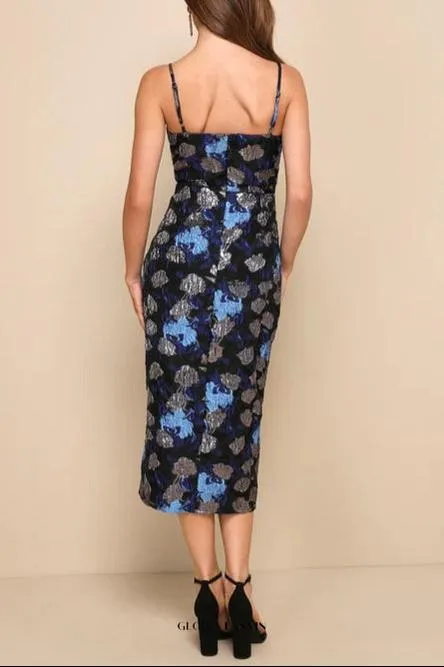 Vivid Beauty Black Floral Jacquard Sleeveless Bustier Midi Dress Gloria Lanvin