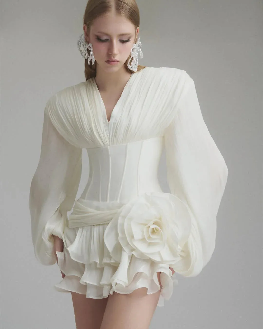 wallis 3d flower ruffle trim mini dress in white Gloria Lanvin