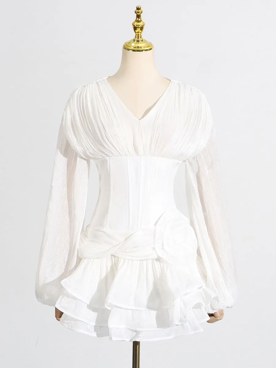 wallis 3d flower ruffle trim mini dress in white Gloria Lanvin