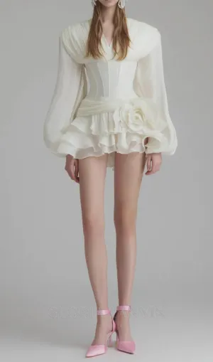 wallis 3d flower ruffle trim mini dress in white Gloria Lanvin