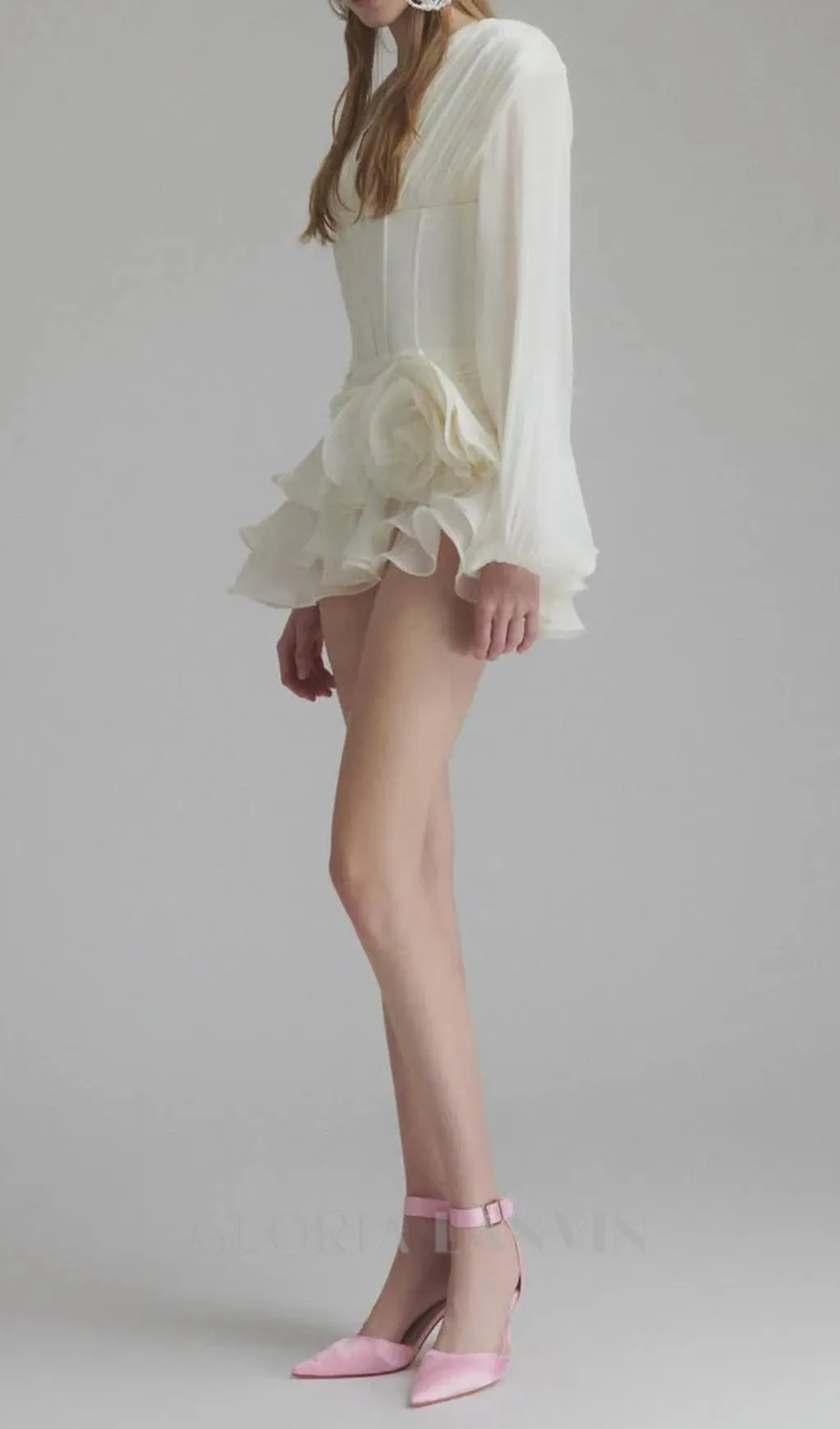 wallis 3d flower ruffle trim mini dress in white Gloria Lanvin