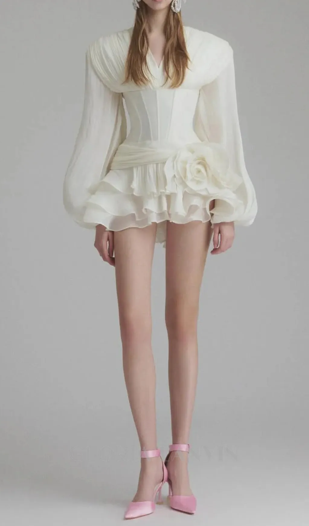 wallis 3d flower ruffle trim mini dress in white Gloria Lanvin