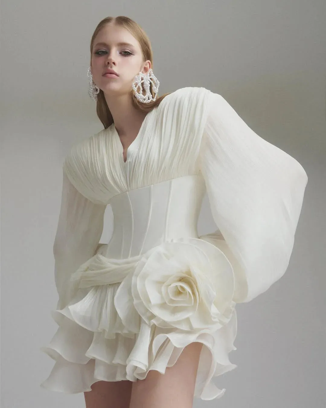 wallis 3d flower ruffle trim mini dress in white Gloria Lanvin