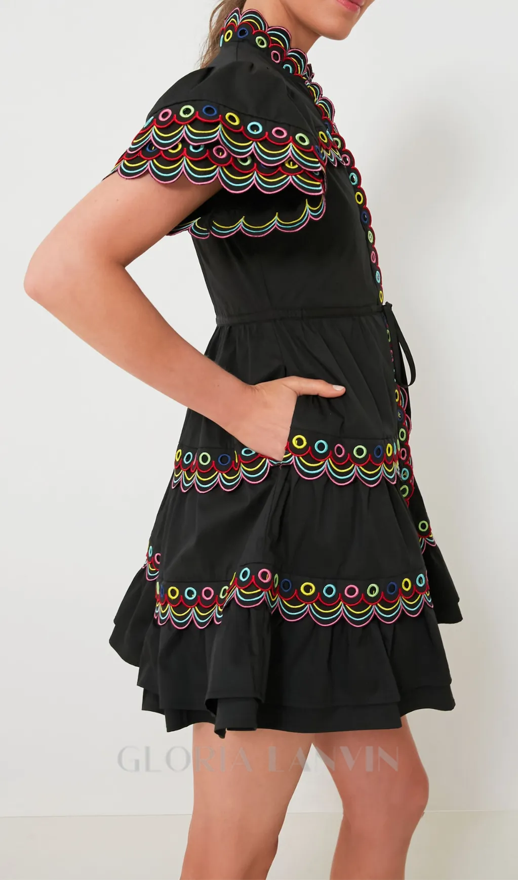 WAVY RUCHED  TRIM MINI DRESS IN BLACK Gloria Lanvin