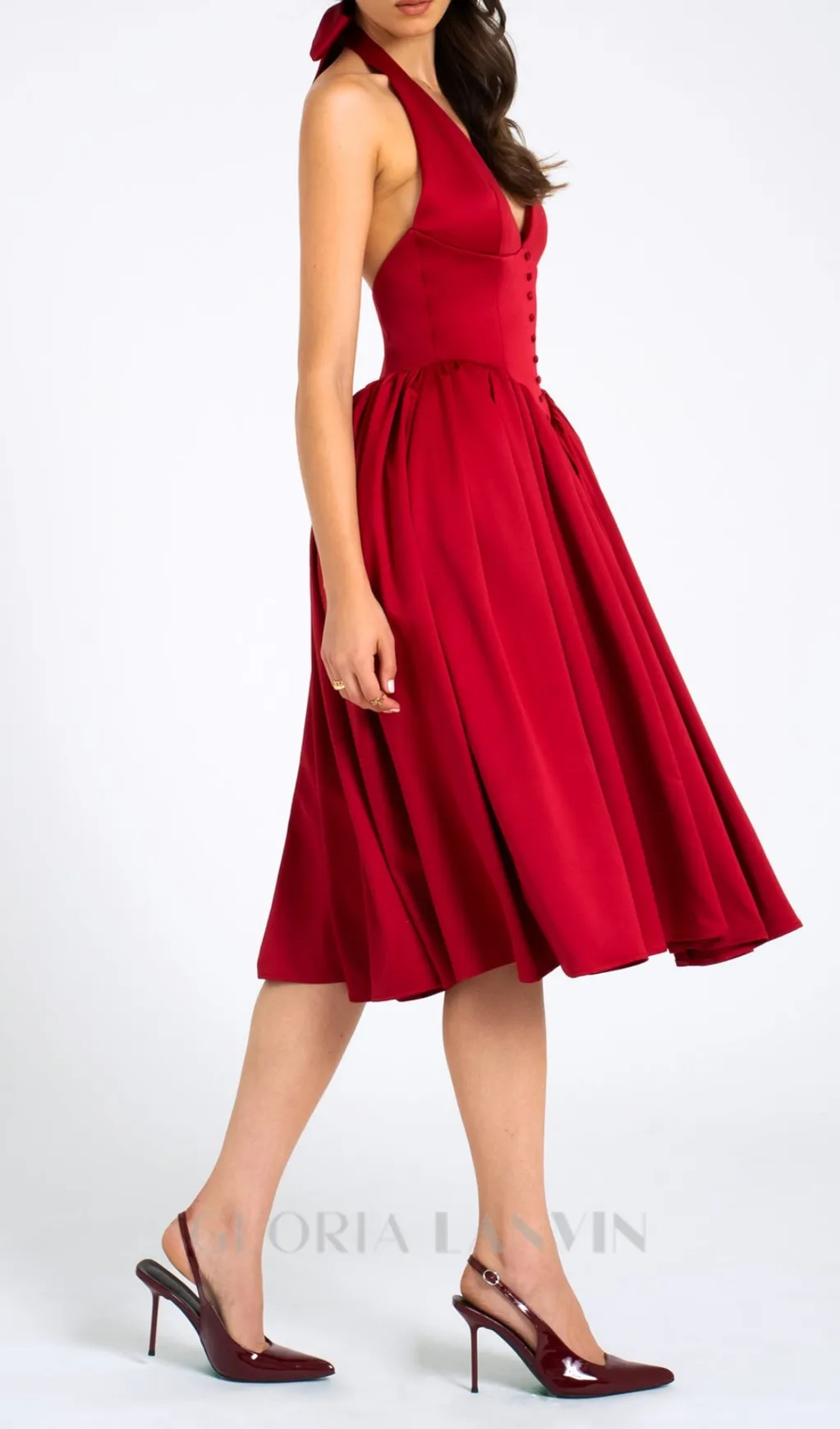 WENDY PLUNGING HALTER BACKLESS MAXI DRESS IN RED Gloria Lanvin