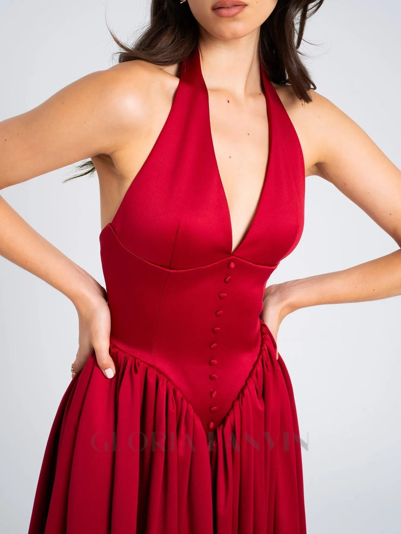WENDY PLUNGING HALTER BACKLESS MAXI DRESS IN RED Gloria Lanvin