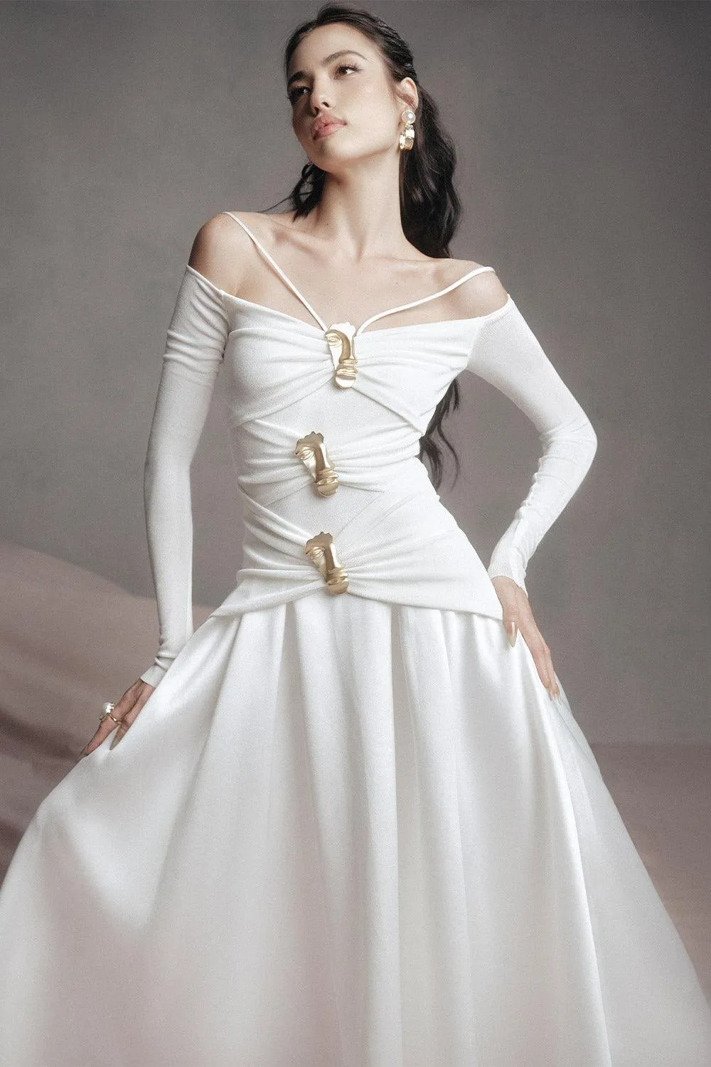 white A-line Cold Shoulder Sleeved Spandex Taffeta Maxi Dress Gloria Lanvin