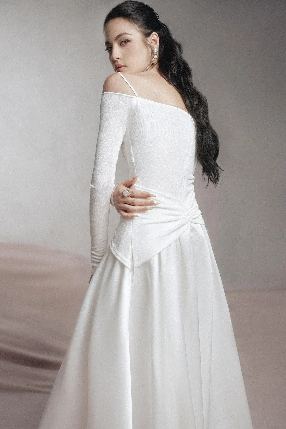 white A-line Cold Shoulder Sleeved Spandex Taffeta Maxi Dress Gloria Lanvin