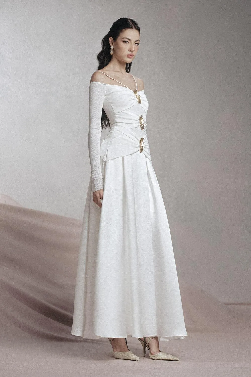 white A-line Cold Shoulder Sleeved Spandex Taffeta Maxi Dress Gloria Lanvin