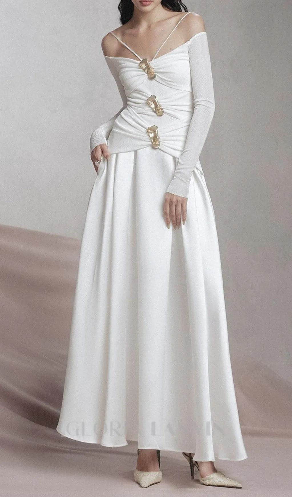 white A-line Cold Shoulder Sleeved Spandex Taffeta Maxi Dress Gloria Lanvin